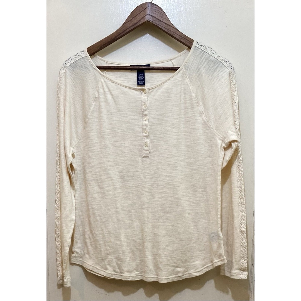 Chaps Womens Henley Shirt L Ivory Lace Trim Long Sleeve Boho Soft Girl Cottage